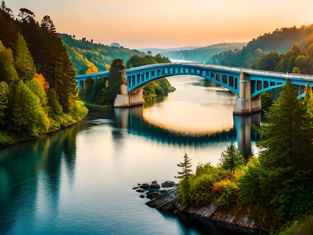 A bridge over a river with a sunset in the background