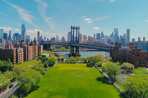 a bridge over a river with a view of the city skyline