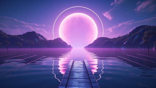 A bridge in the sky with a purple moon in the background.