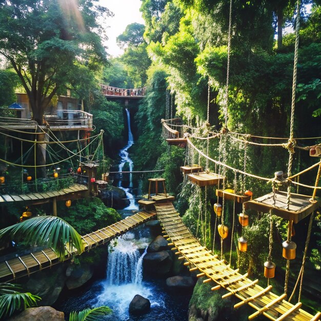 Photo a bridge that is hanging from a rope with a waterfall in the background