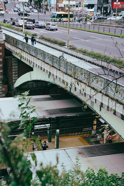 Bridge over trains station in the city