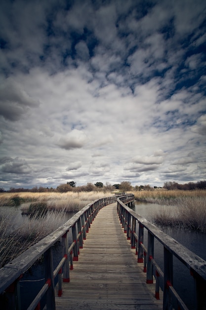 A bridge over the water on a cloudy day