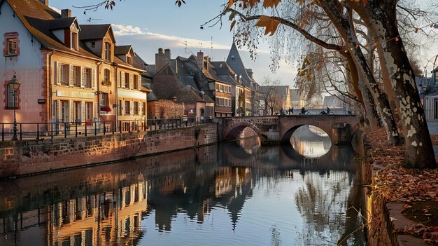 Bridge and the water reflections in Bruges Belgium AI generated illustration