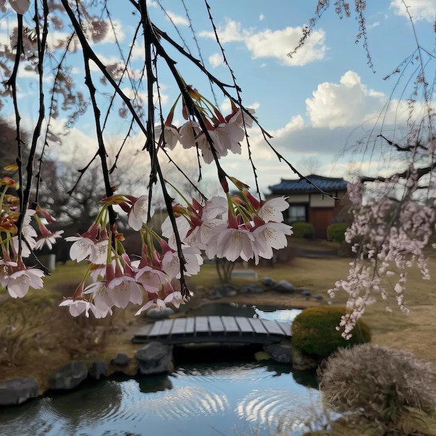 a bridge with a bridge and a pond with a bridge in the background