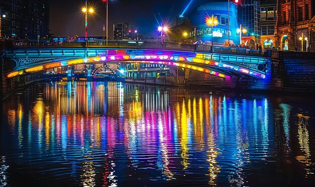 a bridge with a colorful light at night