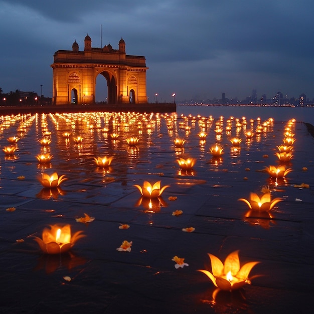 a bridge with many small lanterns in the middle of it