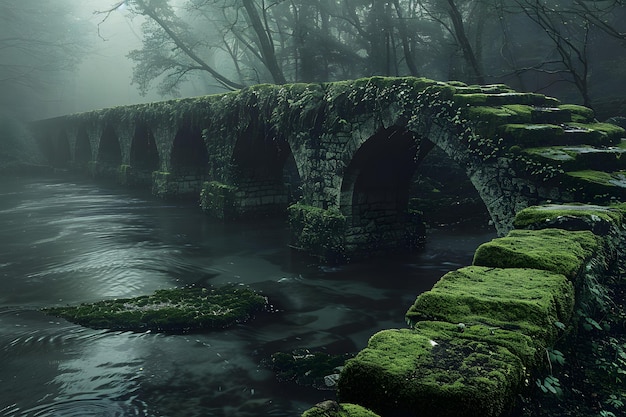 a bridge with moss on it and a green moss covered bridge