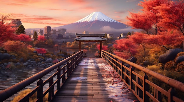 A bridge with a mountain in the background