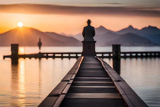 a bridge with a statue on it and the sun setting behind it.