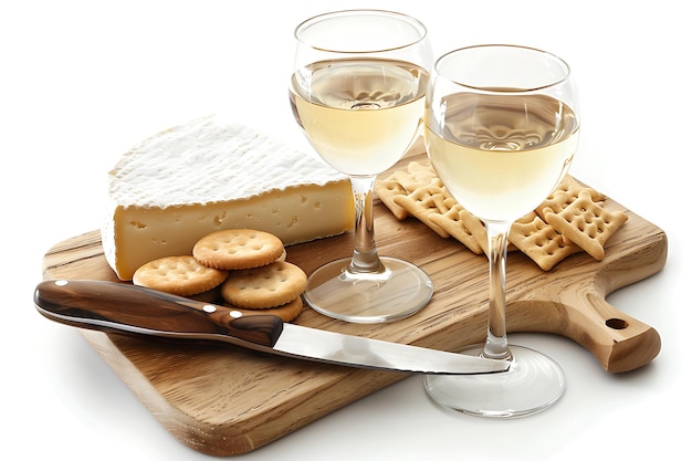 Brie Cheese Crackers White Wine and a Knife on a Wooden Cutting Board