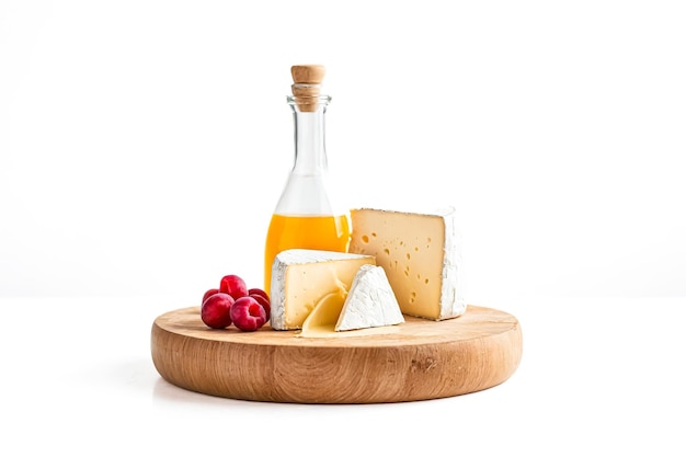 Photo brie cheese with grapes and wine on a wooden cutting board