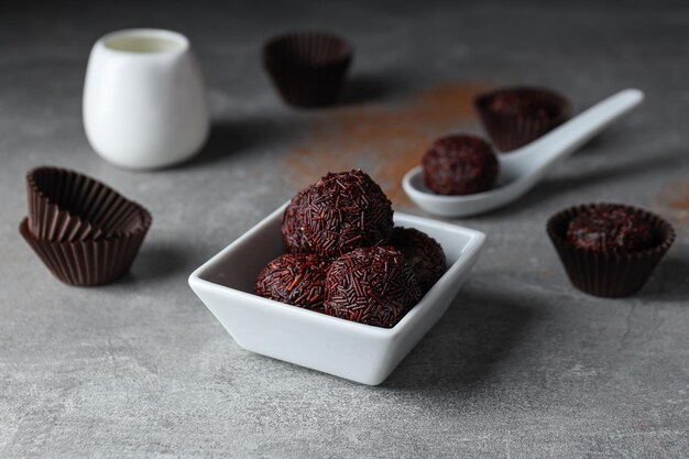 Brigadeiro in bowl and spoon on gray background