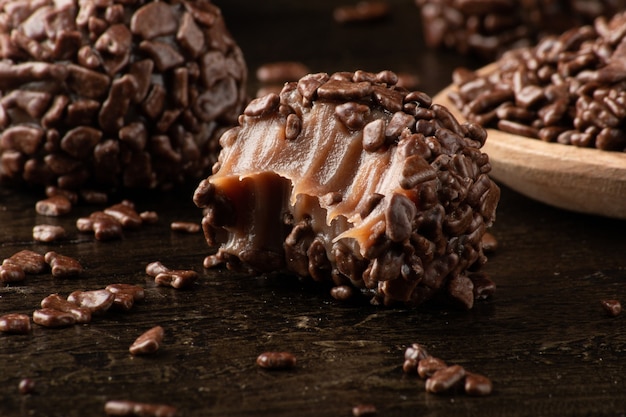 Brigadeiro. Traditional brazilian sweet chocolate. Granulated chocolate.