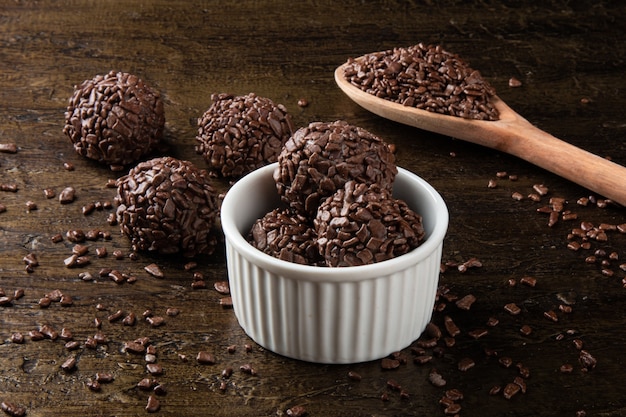 Brigadeiro.Traditional brazilian sweet chocolate. Granulated chocolate.