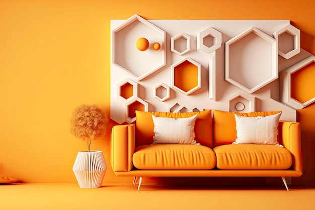 Bright 3d rendering minimal room with decoration on orange wall and soft sofa generative ai