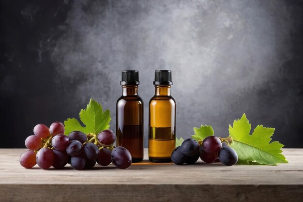 Bright advertising image banner template Two dark glass bottles with grape seed oil on a wooden