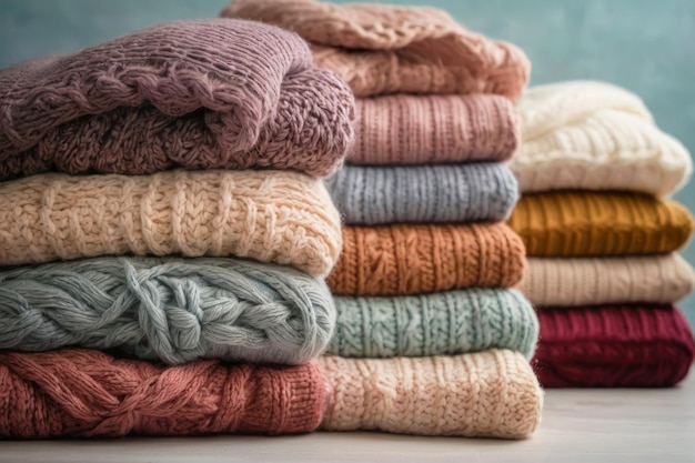 Bright advertising photo banner Multicolored knitted clothes lying in a stack on a plain gray back