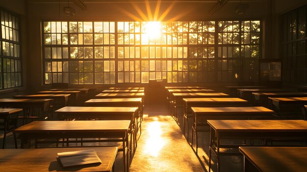 Bright and airy classroom interior with sunlight streaming through large windows highlighting rows of wooden desks and potted plants in a serene educational environment