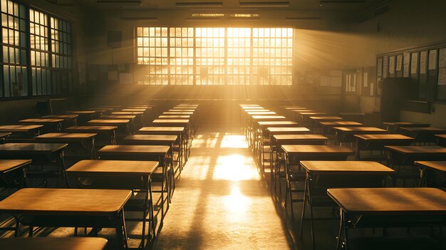 Bright and airy classroom interior with sunlight streaming through large windows highlighting rows of wooden desks and potted plants in a serene educational environment