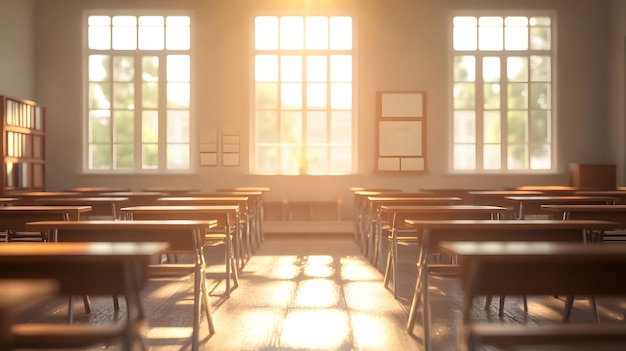 Bright and airy classroom interior with sunlight streaming through large windows highlighting rows of wooden desks and potted plants in a serene educational environment