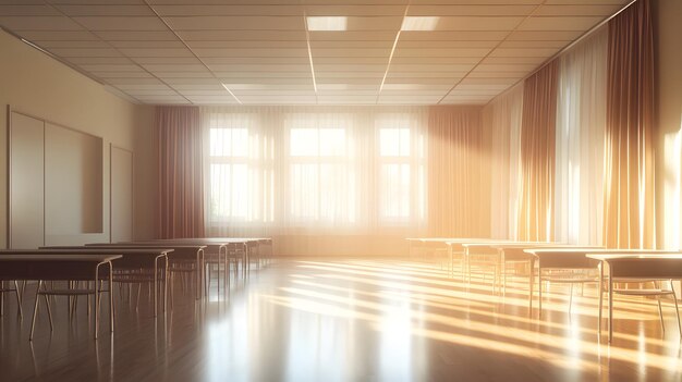 Photo bright and airy classroom interior with sunlight streaming through large windows highlighting rows of wooden desks and potted plants in a serene educational environment