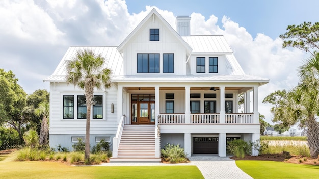 Bright and airy coastal home with a welcoming porch and room for text