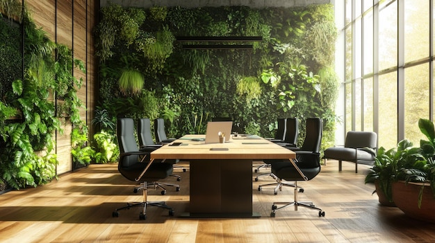 A bright and airy green office with a central meeting table surrounded by vertical gardens