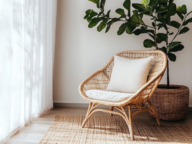 Bright and airy living room corner with a cozy rattan chair neutral tones natural materials soft lighting and large windows creating a serene and minimalist space for relaxation