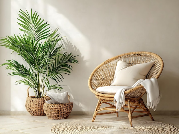 Photo bright and airy living room corner with a cozy rattan chair neutral tones natural materials soft lighting and large windows creating a serene and minimalist space for relaxation