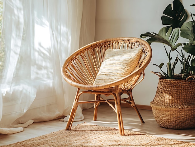 Bright and airy living room corner with a cozy rattan chair neutral tones natural materials soft lighting and large windows creating a serene and minimalist space for relaxation