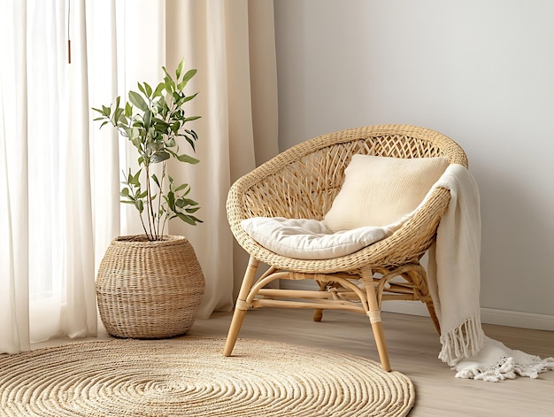 Bright and airy living room corner with a cozy rattan chair neutral tones natural materials soft lighting and large windows creating a serene and minimalist space for relaxation