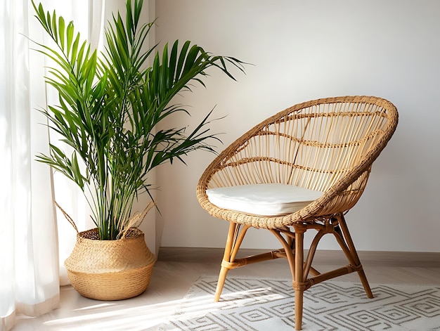 Bright and airy living room corner with a cozy rattan chair neutral tones natural materials soft lighting and large windows creating a serene and minimalist space for relaxation