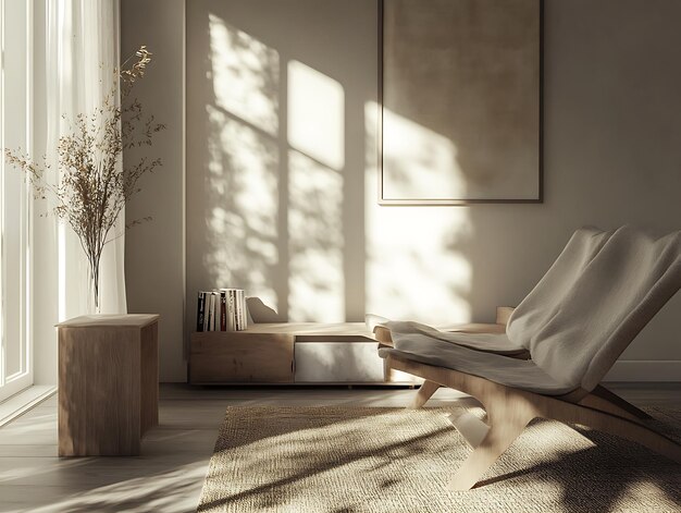 Photo bright and airy living room corner with a cozy rattan chair neutral tones natural materials soft lighting and large windows creating a serene and minimalist space for relaxation