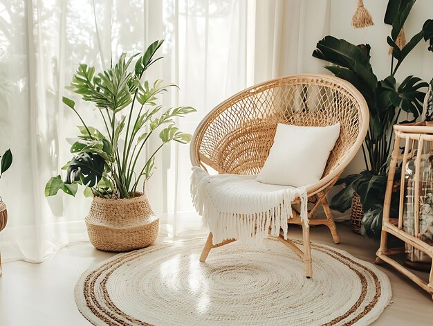 Bright and airy living room corner with a cozy rattan chair neutral tones natural materials soft lighting and large windows creating a serene and minimalist space for relaxation