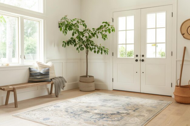 Photo a bright airy living room with large windows a cozy bench and a potted plant exudes warmth and comfort inviting relaxation and tranquility