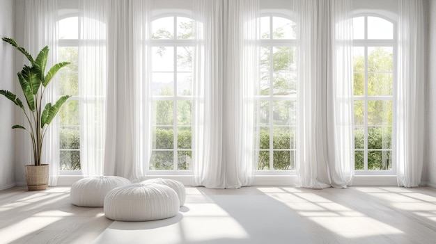 Bright airy room with large windows and elegant white curtains