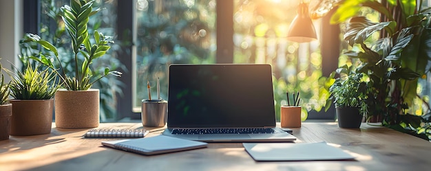 Bright and airy workspace with a laptop surrounded by lush green plants under warm golden sunlight