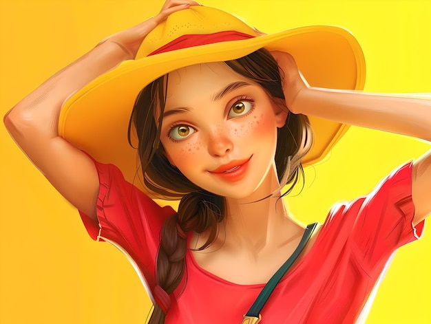 Bright Animated Character with Yellow Hat Smiling Digital Art Portrait Youthful and Joyful Design Style Colorful Illustration Generative AI