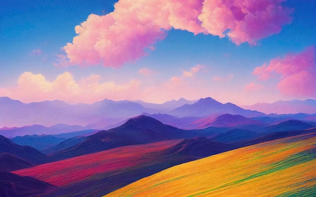 Bright artistic sunlit mountain landscape with clouds and bright mountain plants in impressionist style 3D illustration