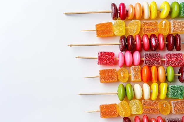 Bright assorted candy skewers on white background