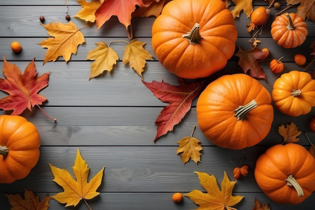 Bright autumn pumpkins and colorful leaves on a wooden floor perfect for fall decor