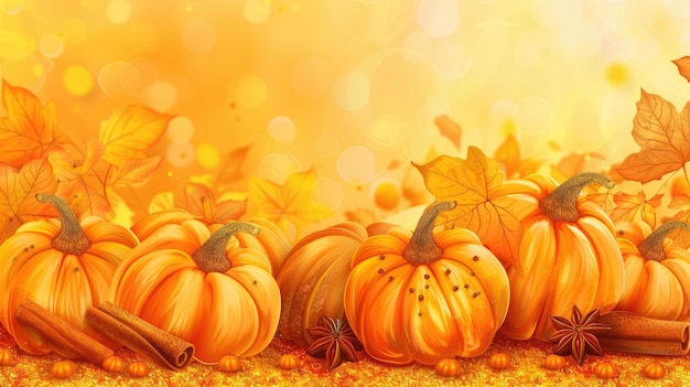 Bright Autumn Scene with Pumpkins Cinnamon Sticks and Autumn Leaves on a Golden Background