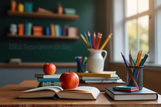 Bright Back to School Scene with Stationery and Books on Background