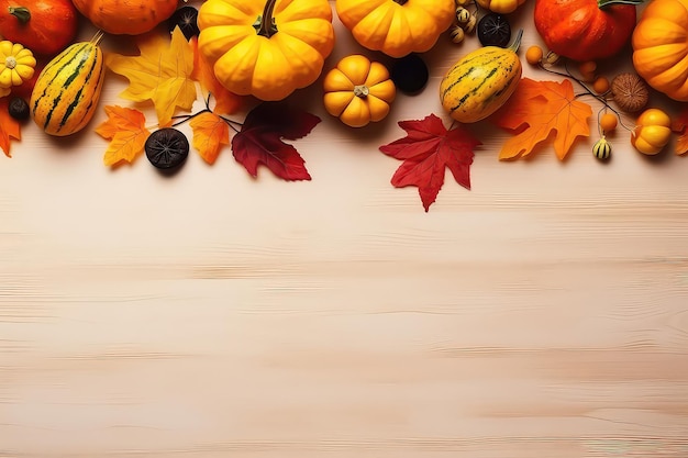 Bright Background Adorned With Thanksgiving Decorations Including Pumpkins Fruits And Flowers