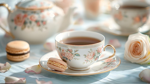 Bright background vintage porcelain tea set floral painted teacups and saucers ornate goldrimmed tea