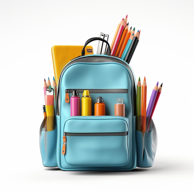 Bright backpack with school stationery isolated on white