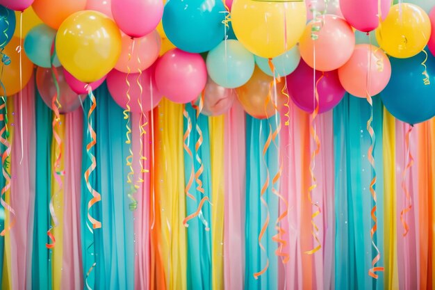 Photo bright balloons and streamers hang from the ceiling creating a festive atmosphere a festive backdrop with colorful balloons and streamers