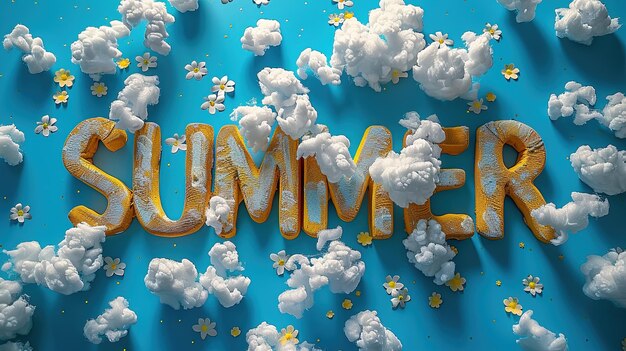 Bright banner with word SUMMER Calligraphy decorated with beach equipment Summer vacation and time