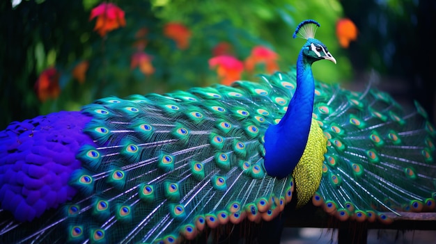 Bright beautiful feather tail birds peacock