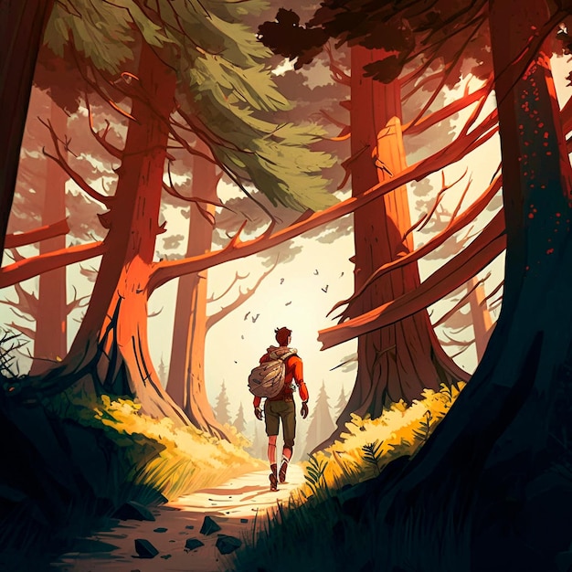 Bright beautiful illustration of a traveler with a backpack Tourist in the forest